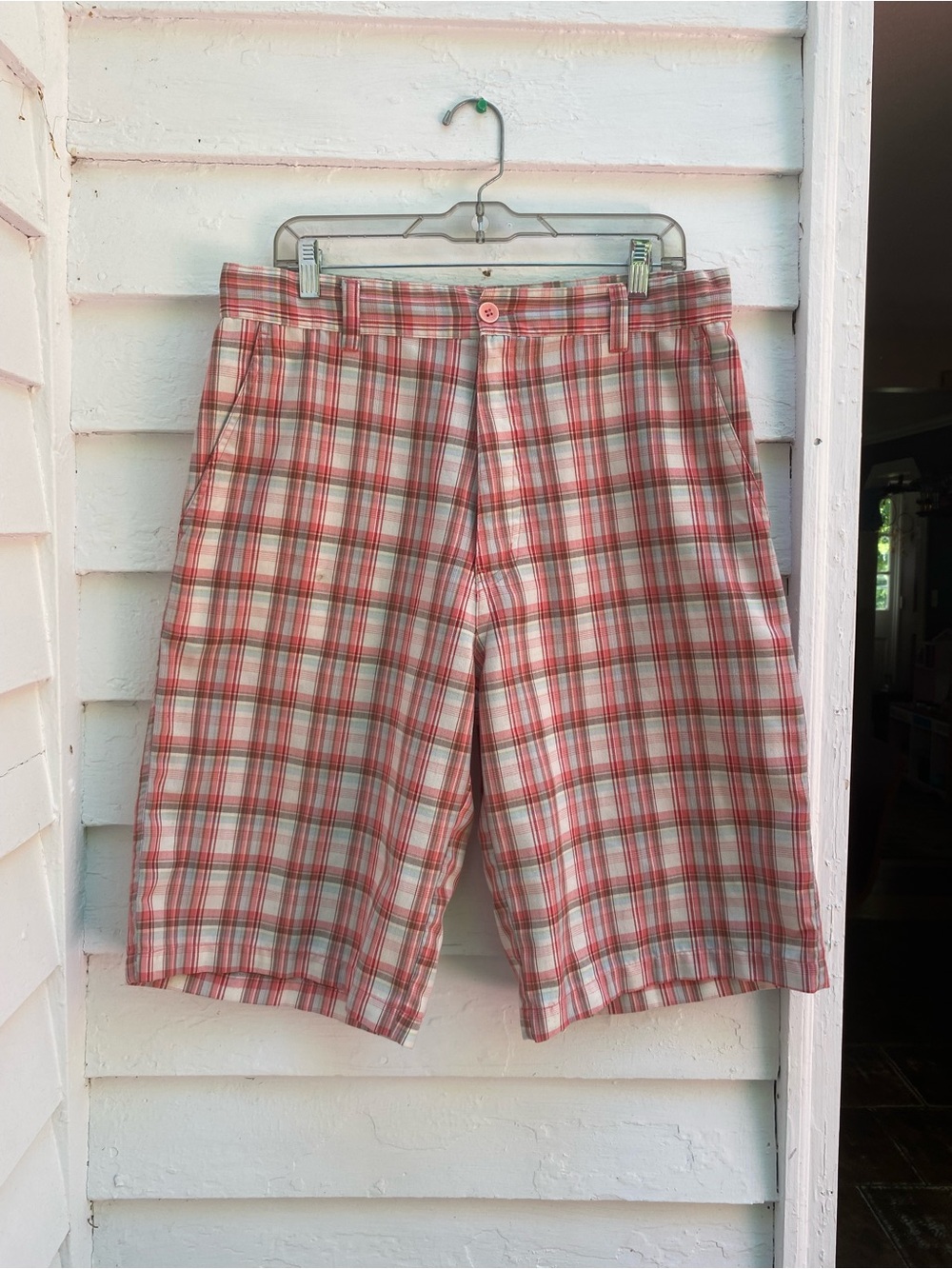 Vintage Plaid Bermuda Shorts in Coral and Cream